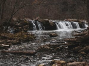 Tranquil waterfall cascading over rocks in a West Virginia forest, surrounded by natural beauty.